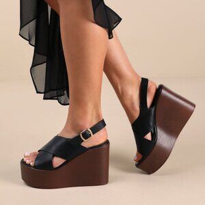 Lulus Steena Black Platform Wedge Sandals - Size 9